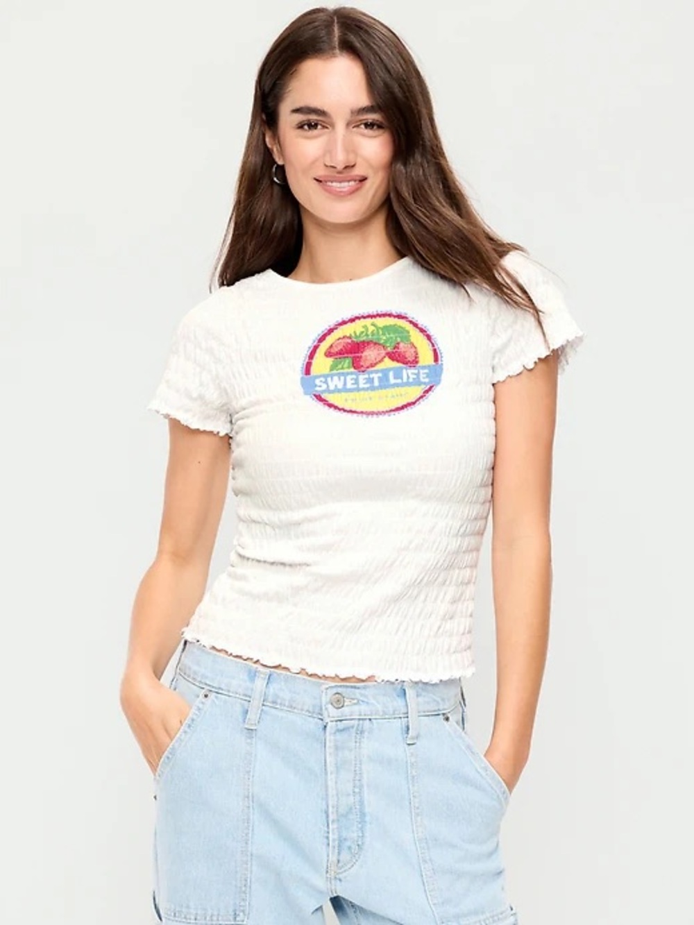 Old Navy White Smocked Tee with Multicolor 'Sweet Life' Graphic - Women